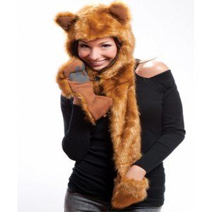 Faux Fur Plush 3D Full Animal Hood with Pocket Hat Scarf Mitten Fox